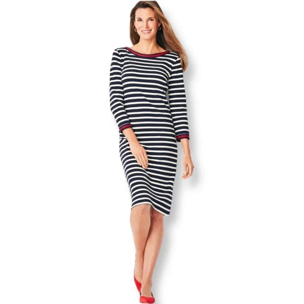 Talbots Navy & White Striped 3/4 Sleeve Sweater Dress Size S Business Casual